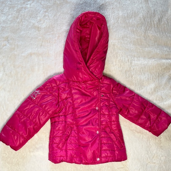 EUC Tommy Hilfiger Hot Pink 🩷 Puffer Jacket Coat 2T Toddler Girl Hooded Zip - Picture 1 of 10